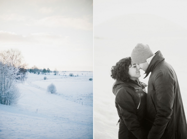 Parfotografering i Gamla Uppsala. Vinterljus, nysnö och solnedgång.