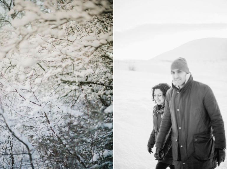 Parfotografering i Gamla Uppsala. Vinterljus, nysnö och solnedgång.